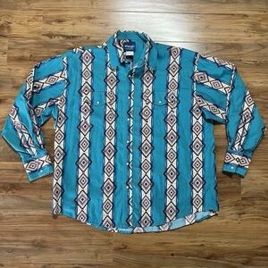 Vintage Wrangler Western Geo‎ Pattern  Pearl Snap Button Cowboy Shirt Men's XXL